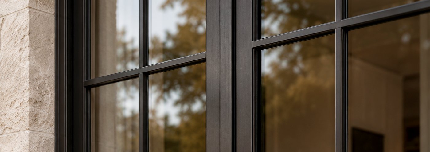 Dark bronze-black divided-lite windows