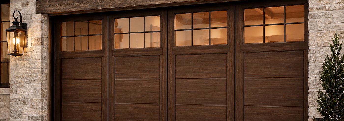 Dark wood-tone garage doors with glazed lites